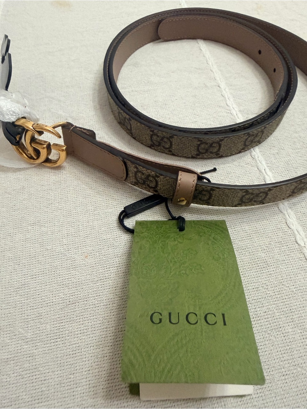 Gucci GG Monogram Canvas Belt with Gold Buckle and Tan Trim